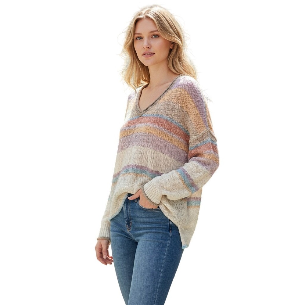Sundance Striped V-Neck Sweater Pastel Knit High-Low Pullover Small NEW